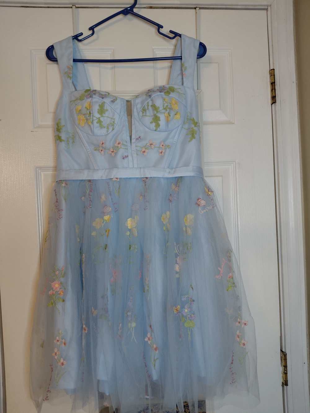 Pastel Blue Floral Embroidered Tulle Prom Dress